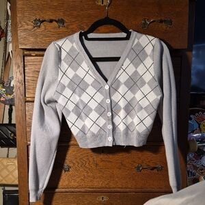 ROMWE Light Gray-Green Argyle Cardigan
